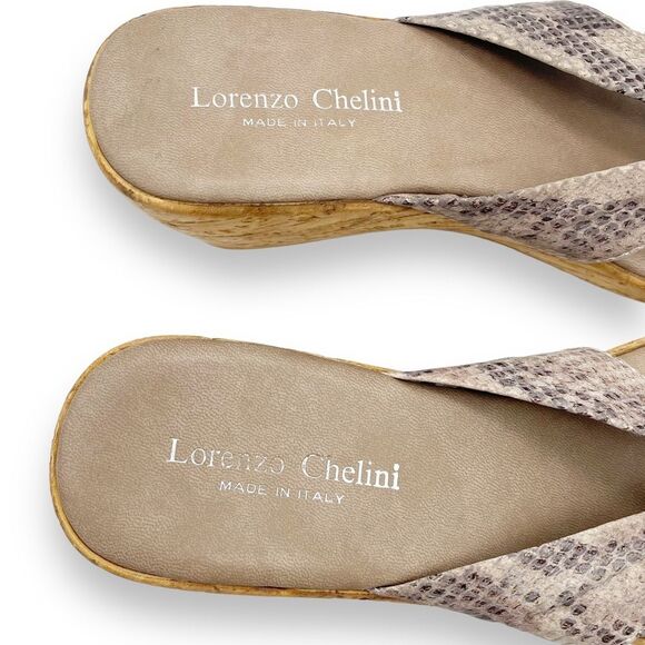 Lorenzo Chelini Taupe Faux Snakeskin Cork Wedge Sandal Thong Flip Flop Size 10 - Picture 4 of 16